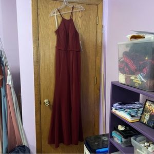 Formal high neckline dress. front slit. size 8 deep red